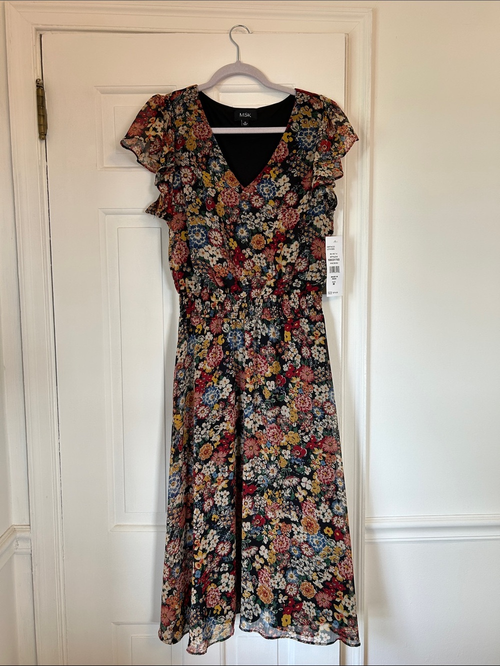 MSK Black Floral V-Neck Midi Dress with Ruffle Sleeves